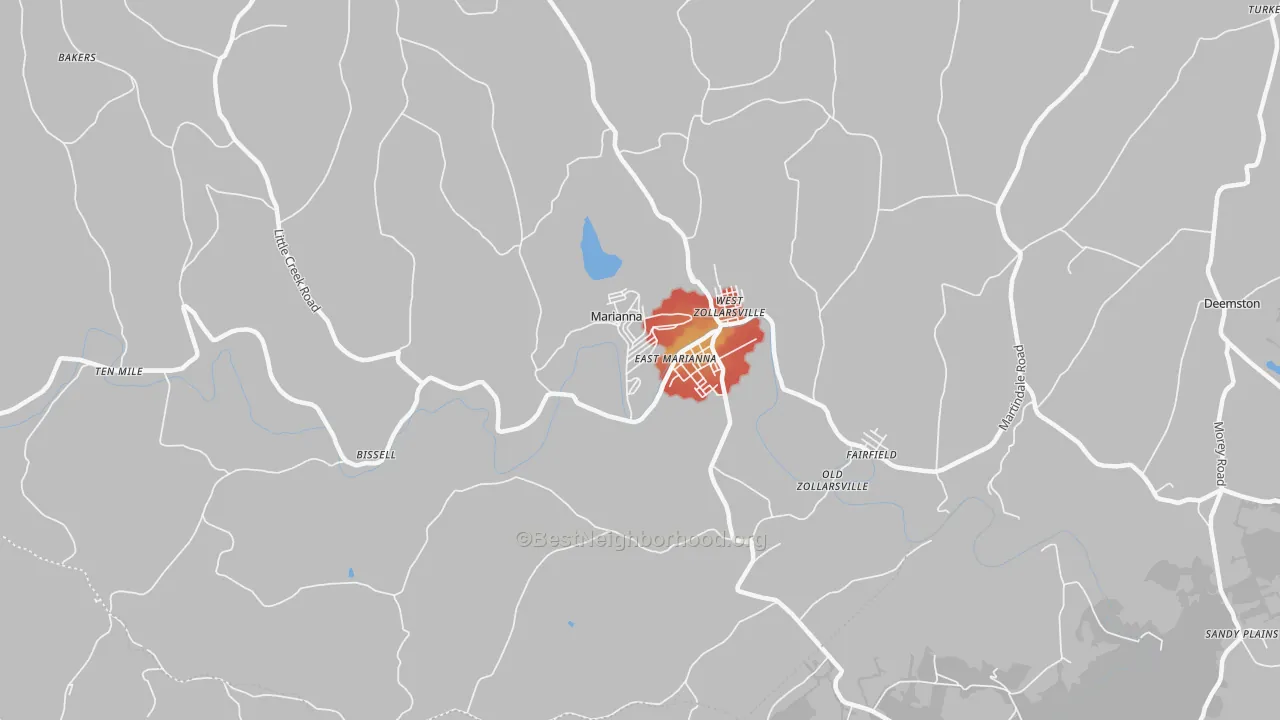 Walk Grade map of Marianna, PA, walkable areas in green and car-dependent areas in red
