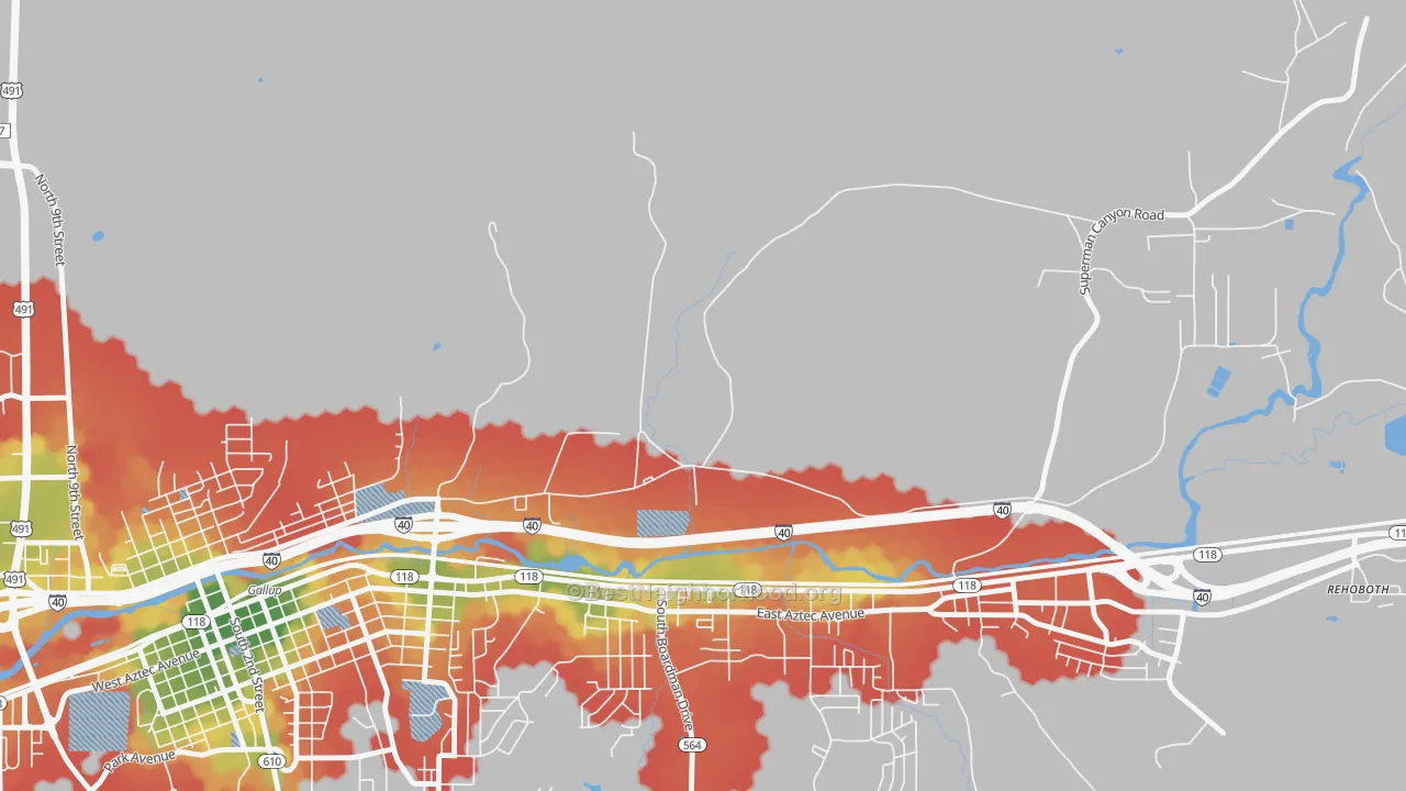 Walk Grade map of Mariano Lake, NM, walkable areas in green and car-dependent areas in red