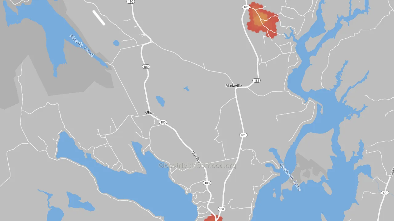 Walk Grade map of Mariaville, ME, walkable areas in green and car-dependent areas in red