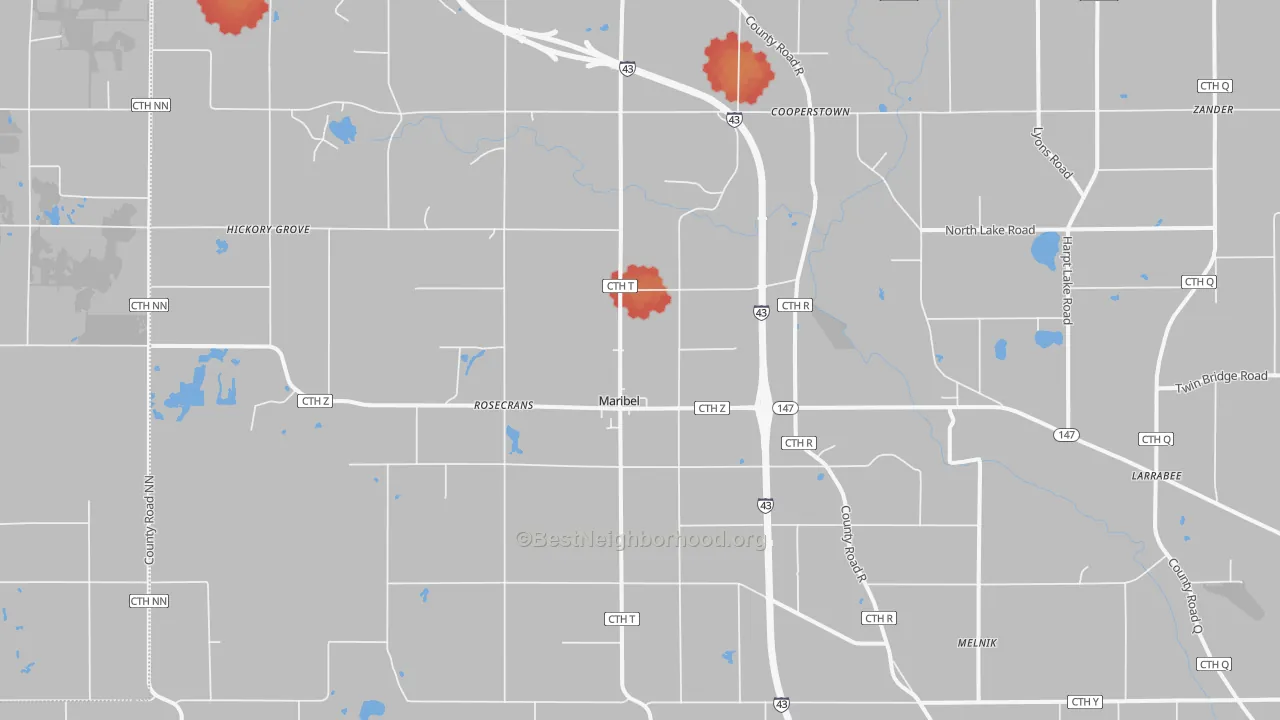 Walk Grade map of Maribel, WI, walkable areas in green and car-dependent areas in red