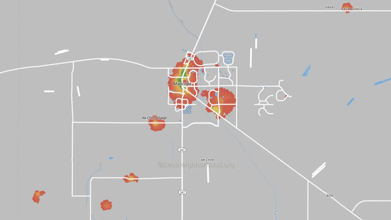 Walk Grade map of Maricopa, AZ, walkable areas in green and car-dependent areas in red