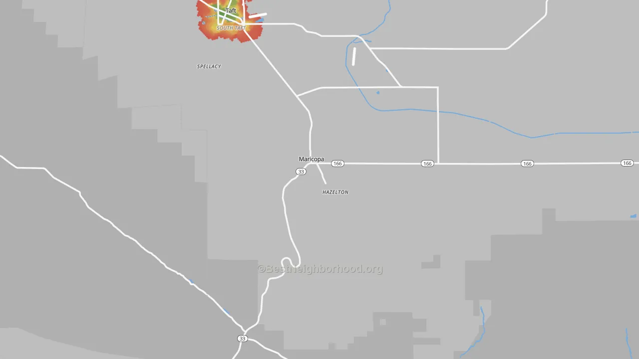 Walk Grade map of Maricopa, CA, walkable areas in green and car-dependent areas in red