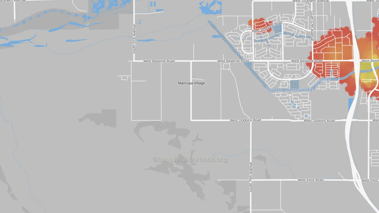 Walk Grade map of Maricopa Colony, AZ, walkable areas in green and car-dependent areas in red