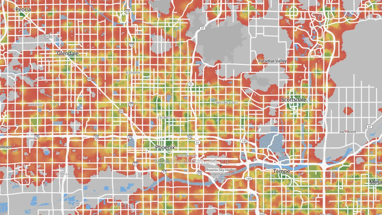Walk Grade map of Maricopa County, AZ, walkable areas in green and car-dependent areas in red