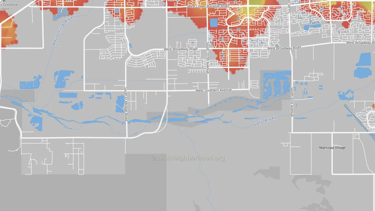 Walk Grade map of Maricopa Village, AZ, walkable areas in green and car-dependent areas in red