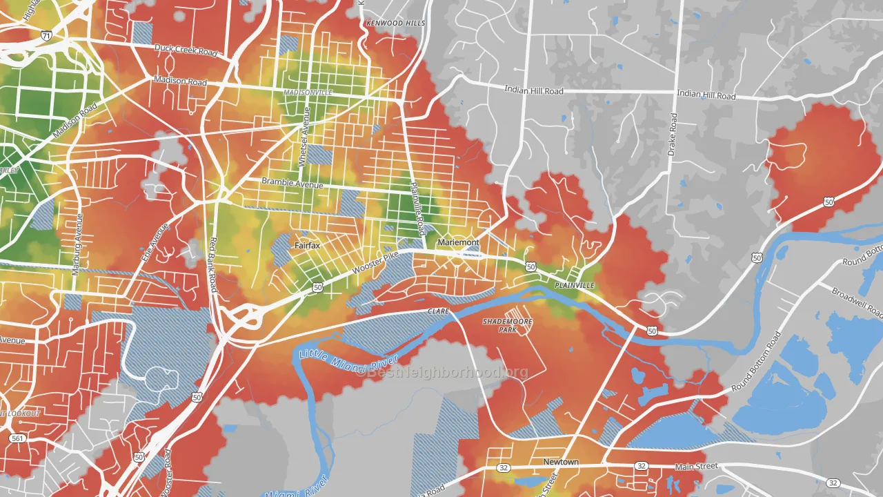 Walk Grade map of Mariemont, OH, walkable areas in green and car-dependent areas in red
