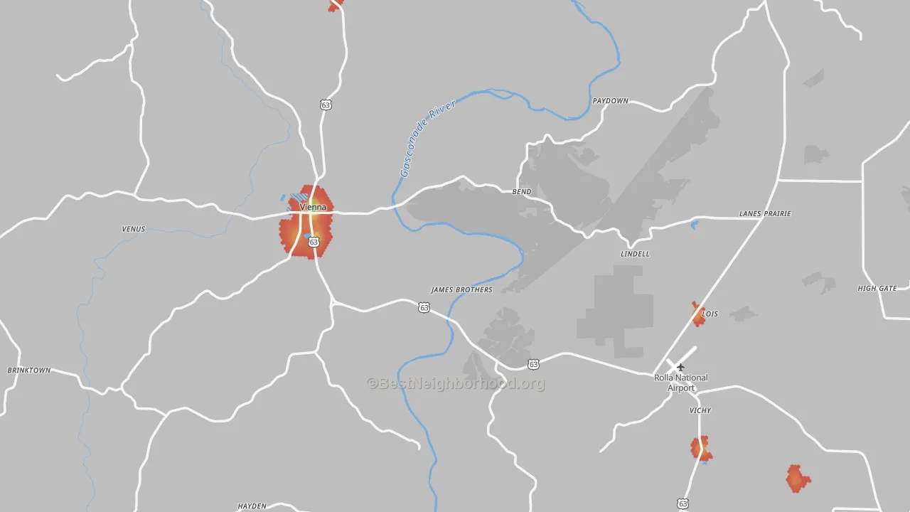 Walk Grade map of Maries County, MO, walkable areas in green and car-dependent areas in red