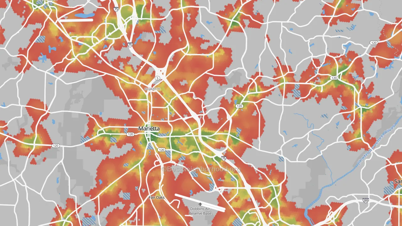 Walk Grade map of Marietta, GA, walkable areas in green and car-dependent areas in red