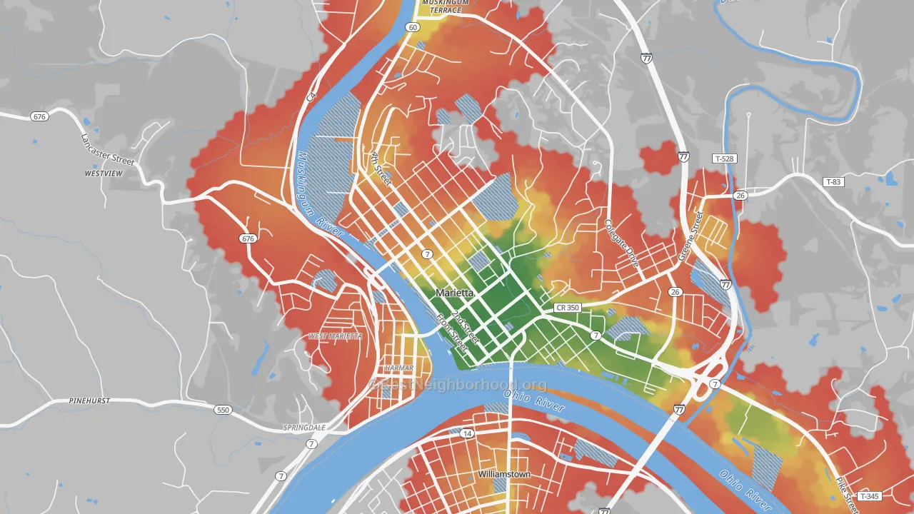 Walk Grade map of Marietta Historic District, Marietta, OH, walkable areas in green and car-dependent areas in red