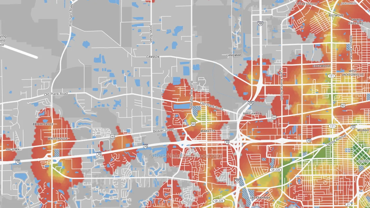 Walk Grade map of Marietta, Jacksonville, FL, walkable areas in green and car-dependent areas in red