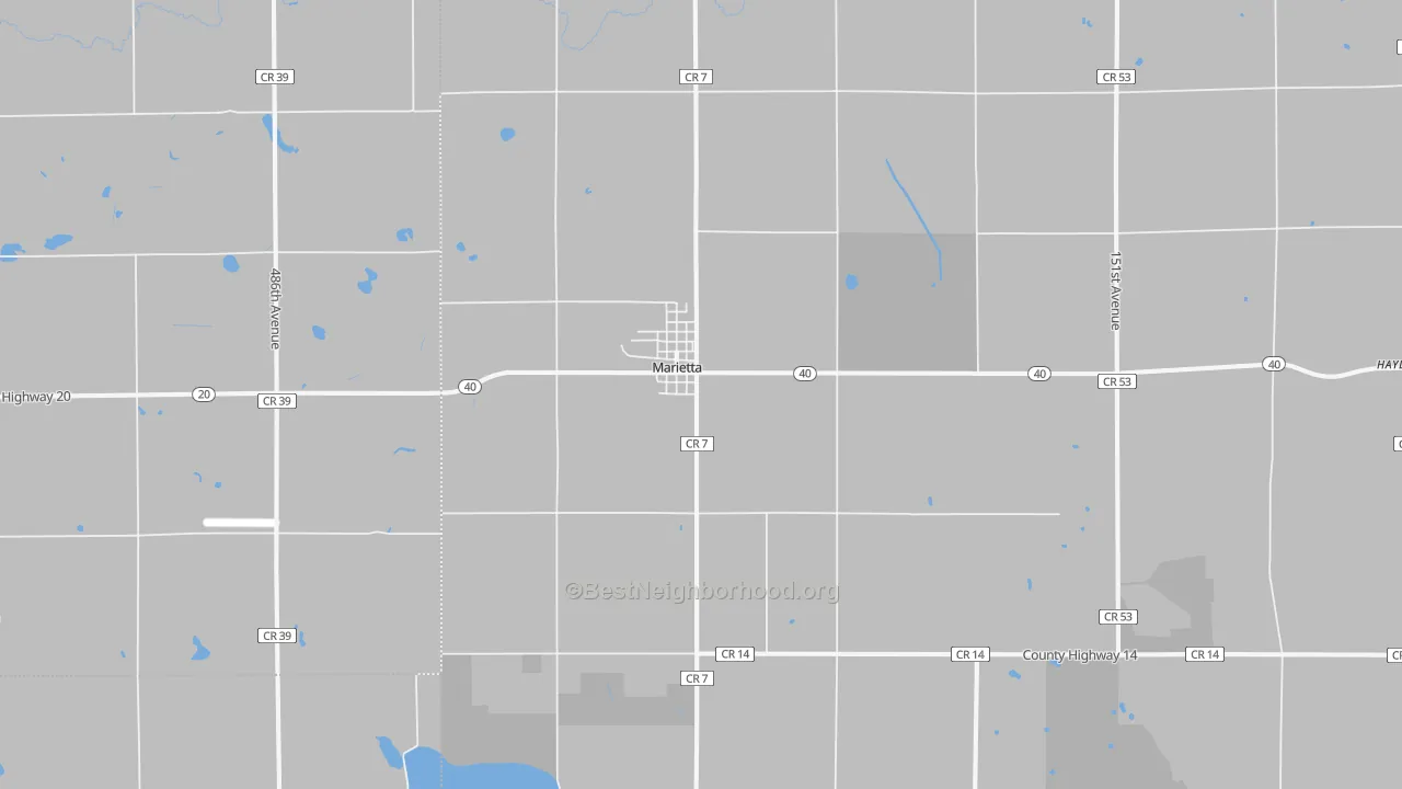 Walk Grade map of Marietta, MN, walkable areas in green and car-dependent areas in red