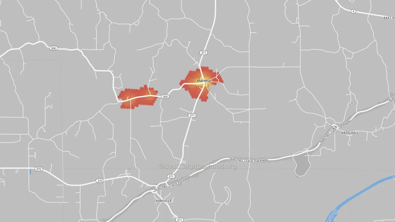 Walk Grade map of Marietta, MS, walkable areas in green and car-dependent areas in red