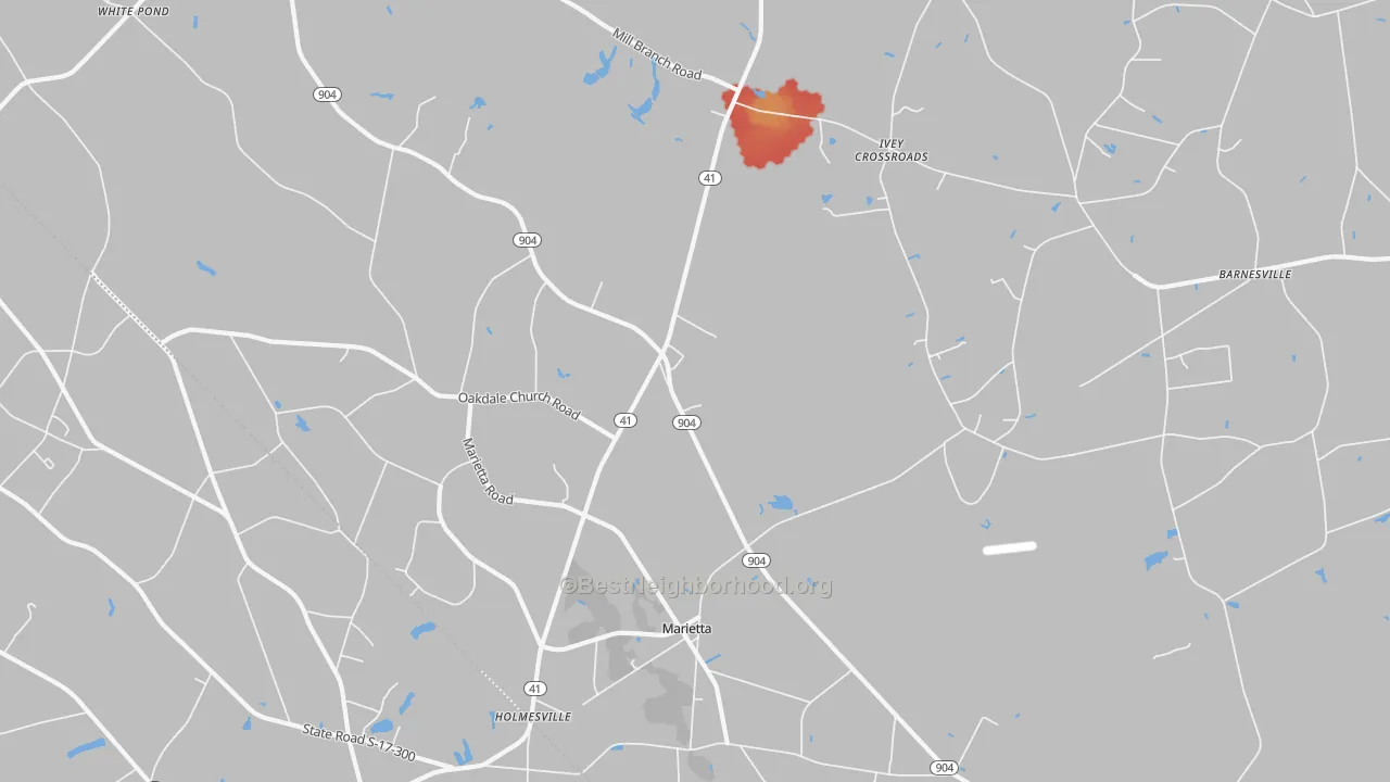 Walk Grade map of Marietta, NC, walkable areas in green and car-dependent areas in red