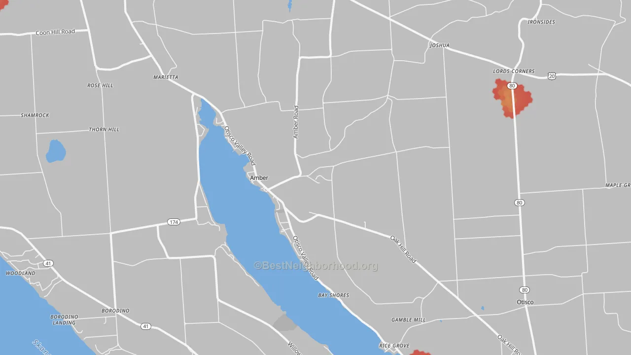 Walk Grade map of Marietta, NY, walkable areas in green and car-dependent areas in red