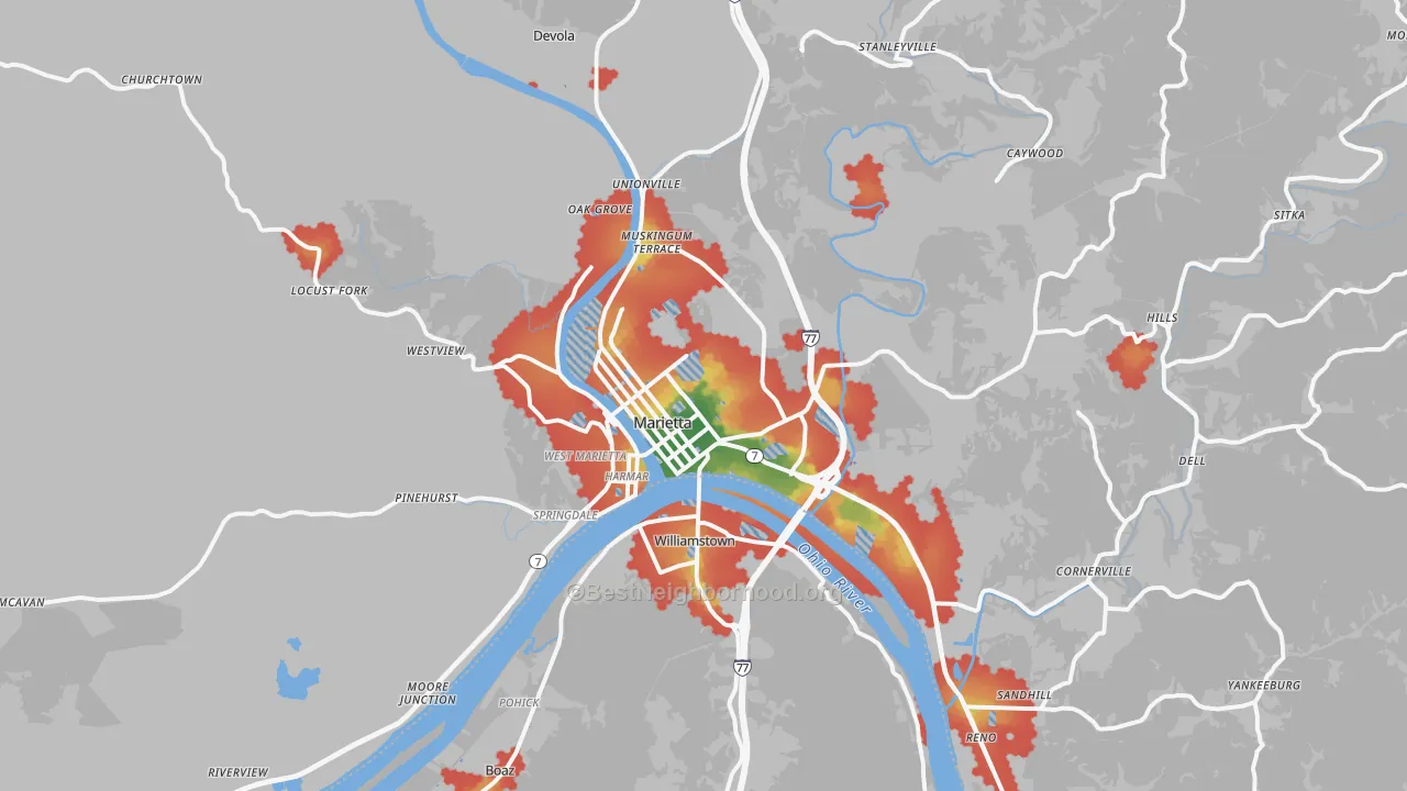 Walk Grade map of Marietta, OH, walkable areas in green and car-dependent areas in red