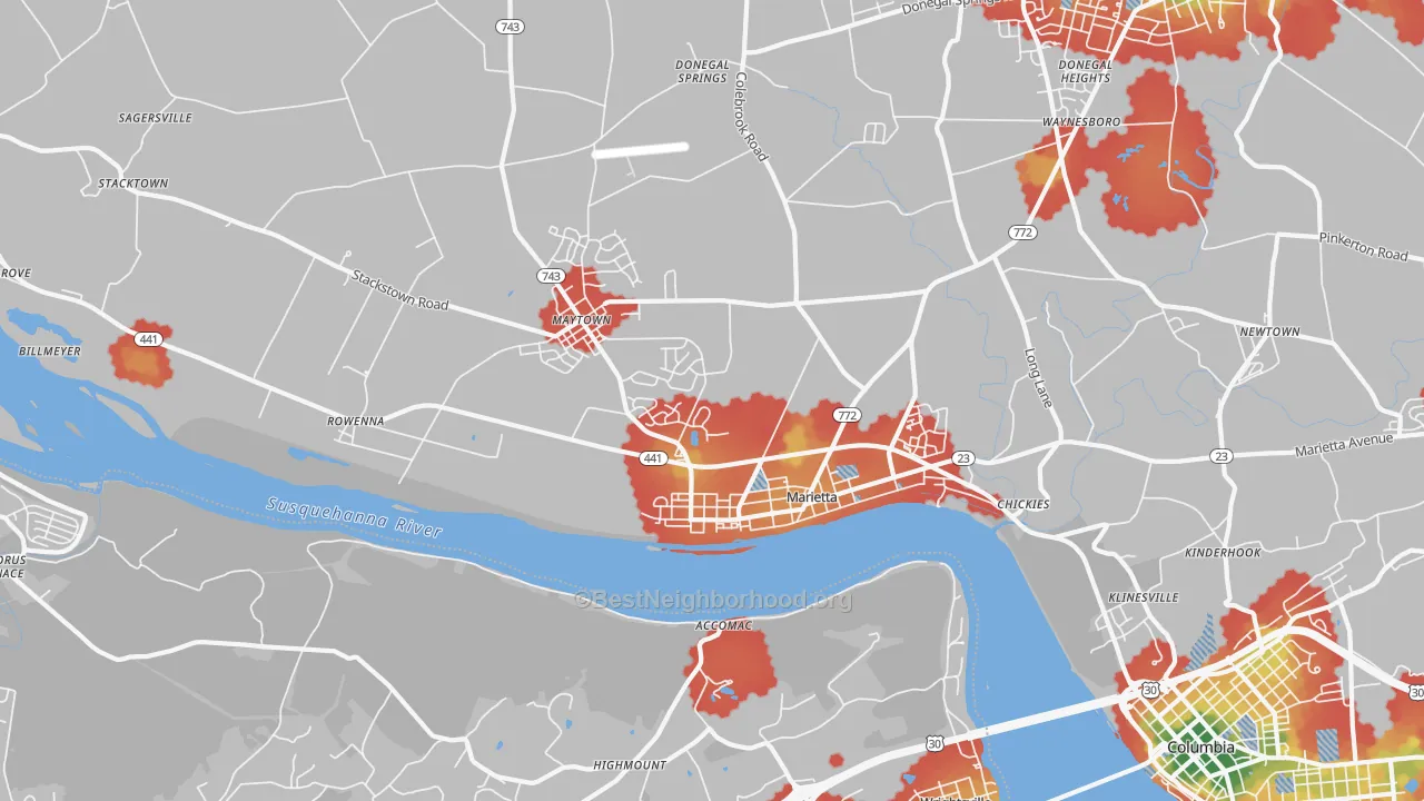 Walk Grade map of Marietta, PA, walkable areas in green and car-dependent areas in red
