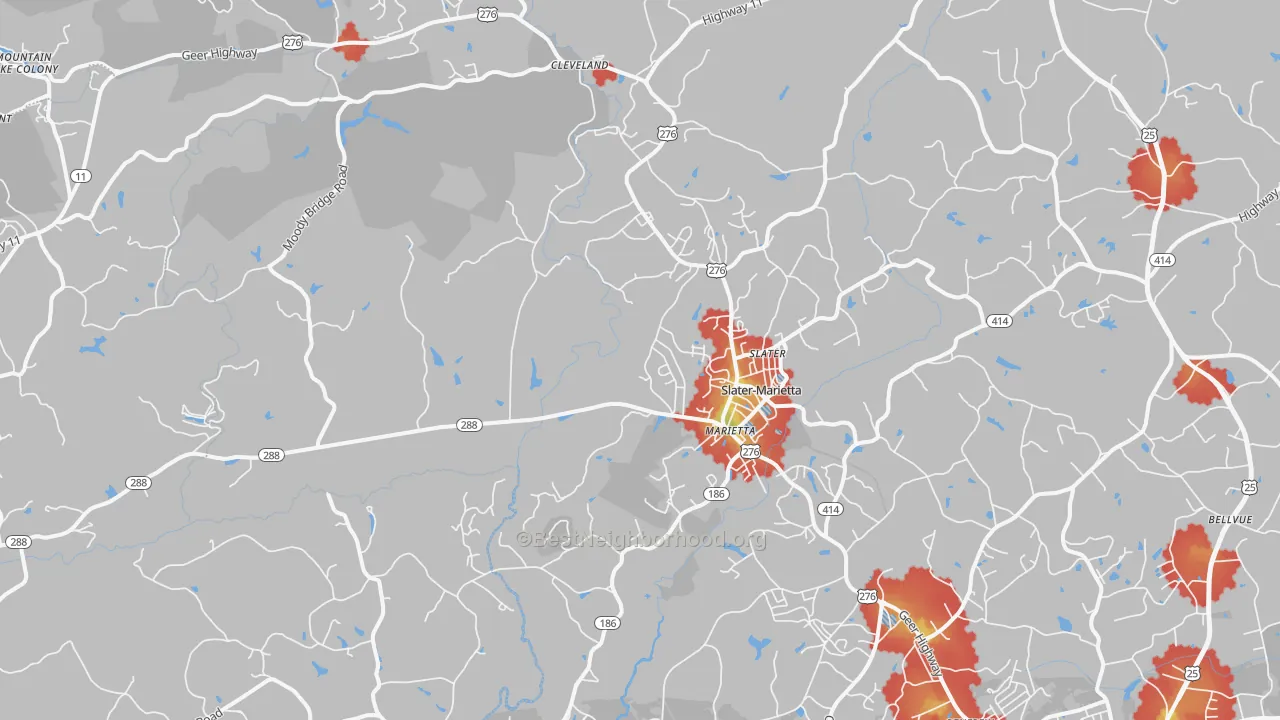 Walk Grade map of Marietta, SC, walkable areas in green and car-dependent areas in red