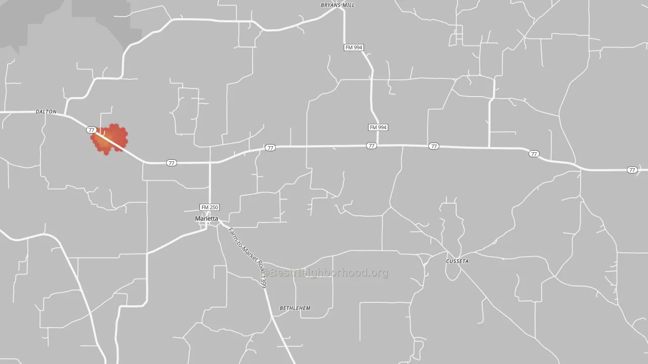 Walk Grade map of Marietta, TX, walkable areas in green and car-dependent areas in red