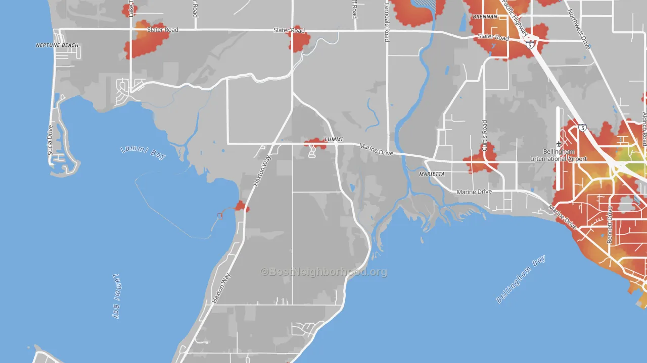 Walk Grade map of Marietta, WA, walkable areas in green and car-dependent areas in red