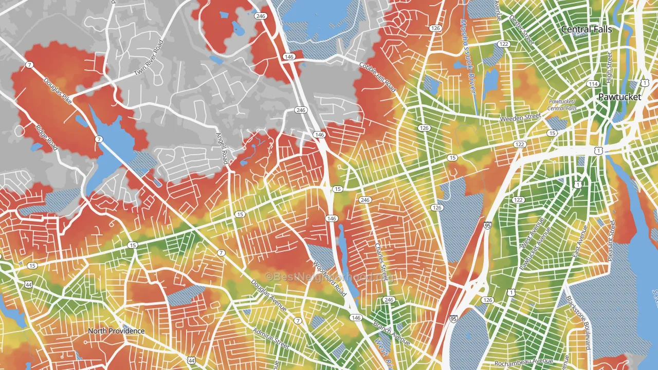 Walk Grade map of Marieville, Providence, RI, walkable areas in green and car-dependent areas in red