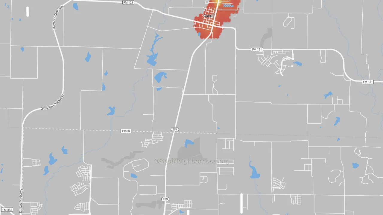 Walk Grade map of Marilee, TX, walkable areas in green and car-dependent areas in red