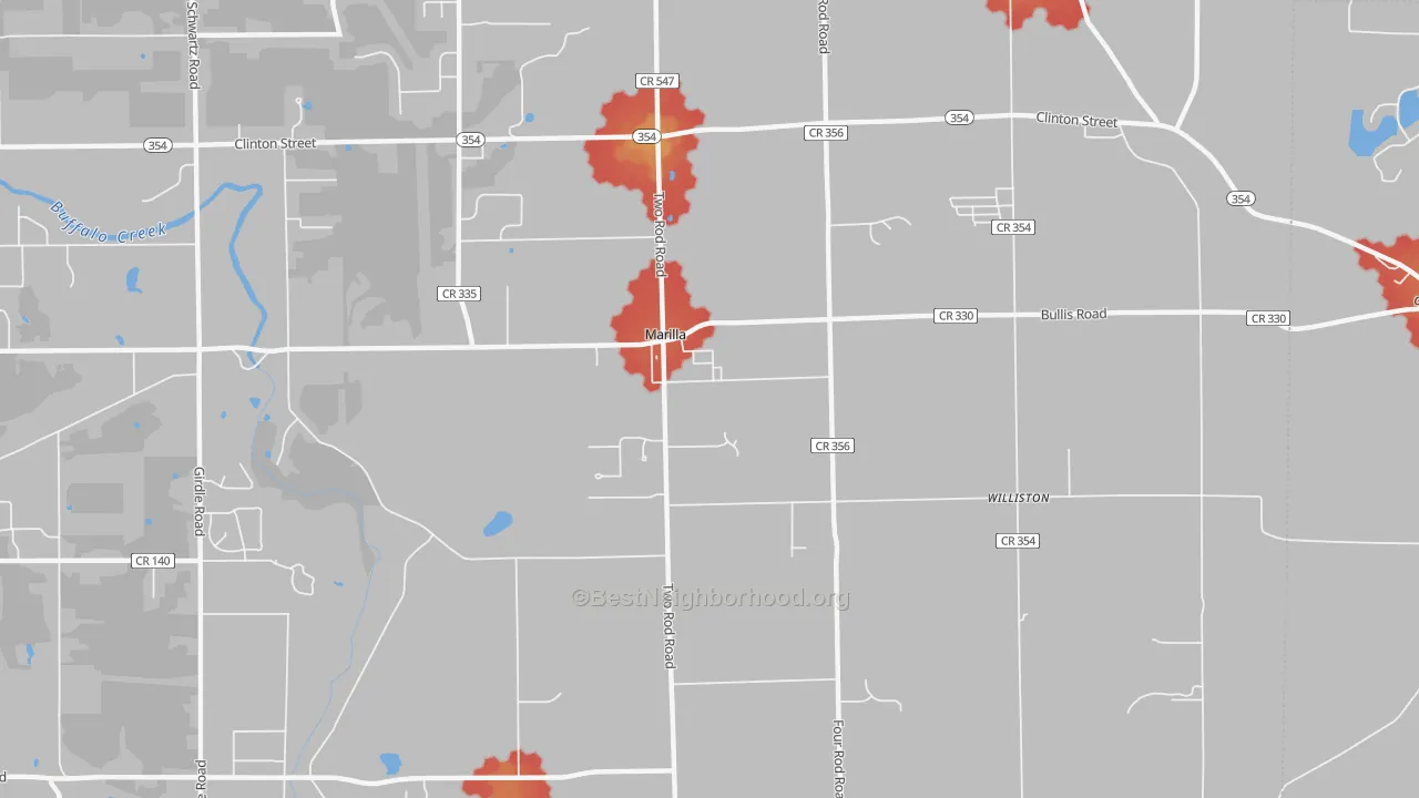 Walk Grade map of Marilla, NY, walkable areas in green and car-dependent areas in red