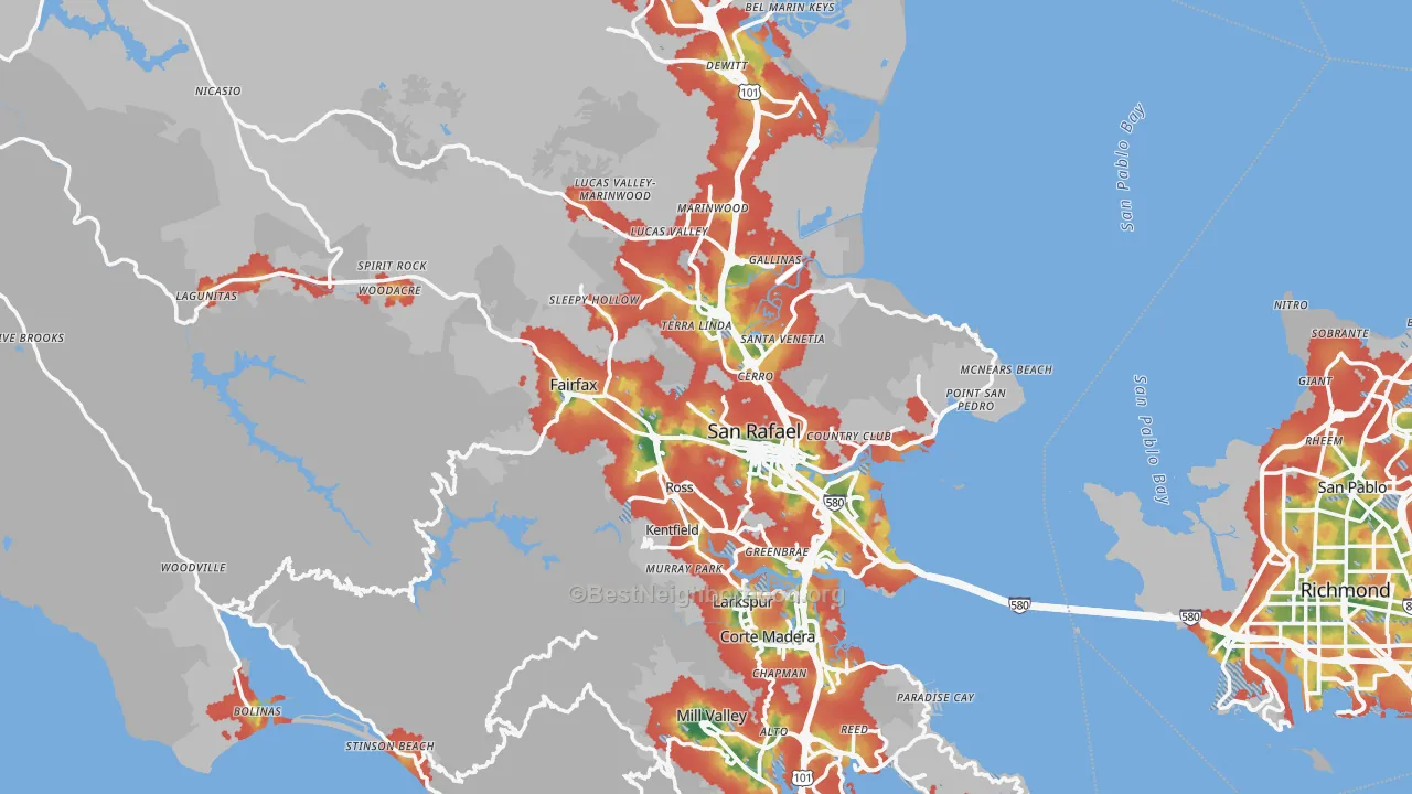 Walk Grade map of Marin County, CA, walkable areas in green and car-dependent areas in red