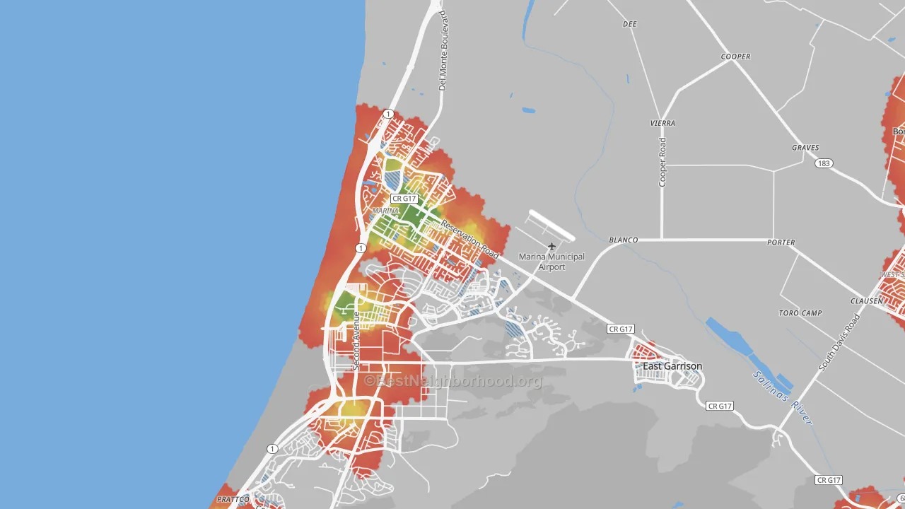 Walk Grade map of Marina, CA, walkable areas in green and car-dependent areas in red