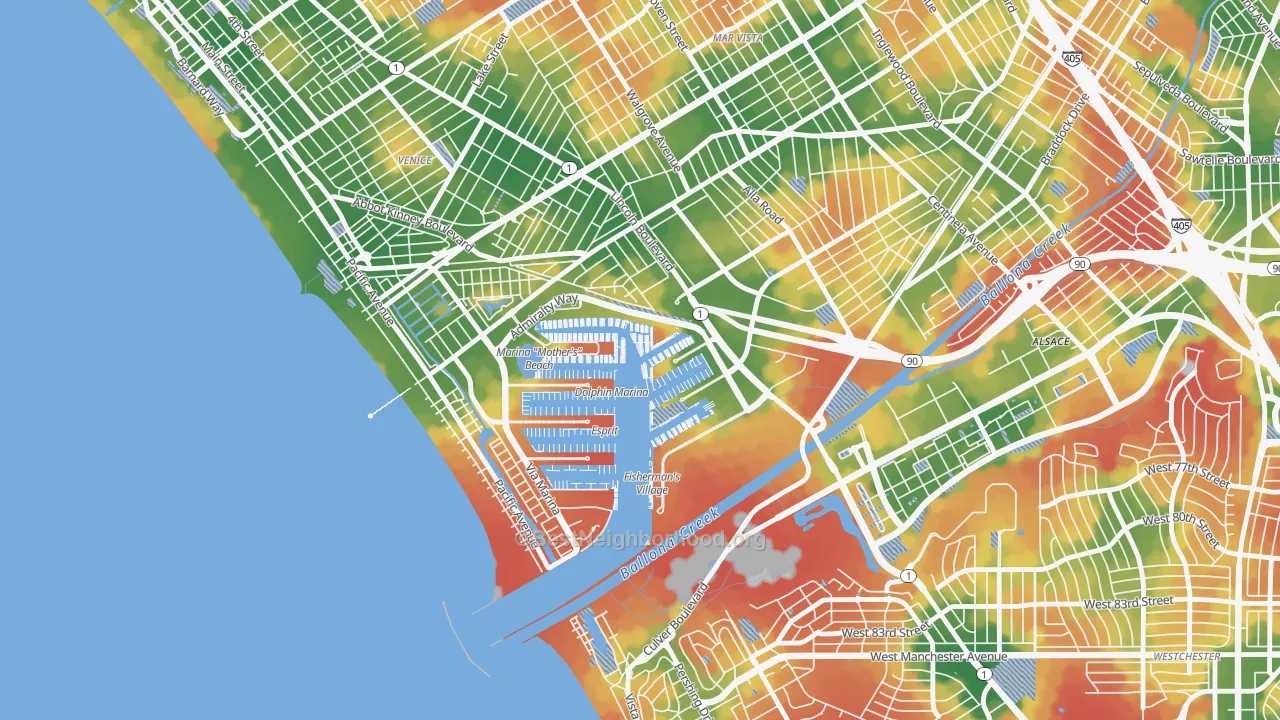 Walk Grade map of Marina Del Rey, CA, walkable areas in green and car-dependent areas in red