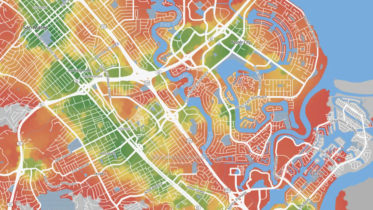 Walk Grade map of Marina Lagoon, San Mateo, CA, walkable areas in green and car-dependent areas in red