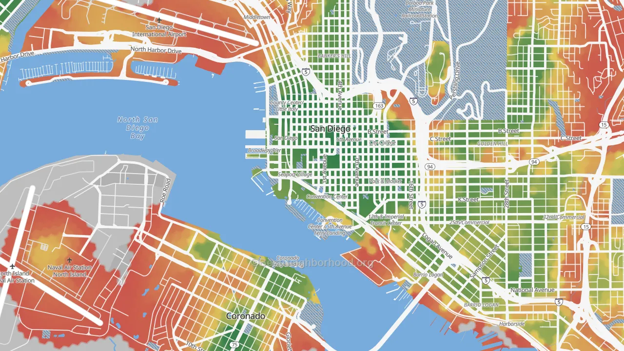 Walk Grade map of Marina, San Diego, CA, walkable areas in green and car-dependent areas in red