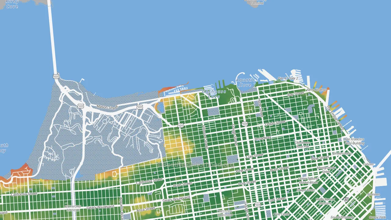 Walk Grade map of Marina-San Francisco, San Francisco, CA, walkable areas in green and car-dependent areas in red