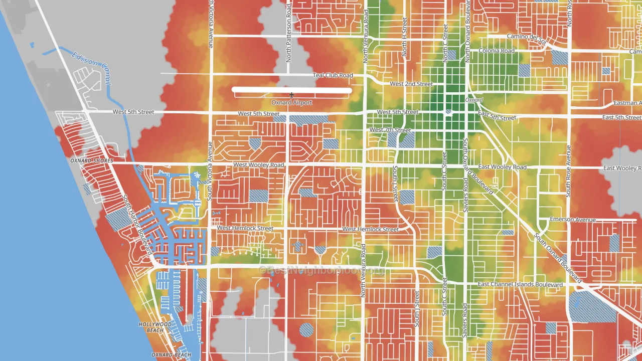 Walk Grade map of Marina West, Oxnard, CA, walkable areas in green and car-dependent areas in red