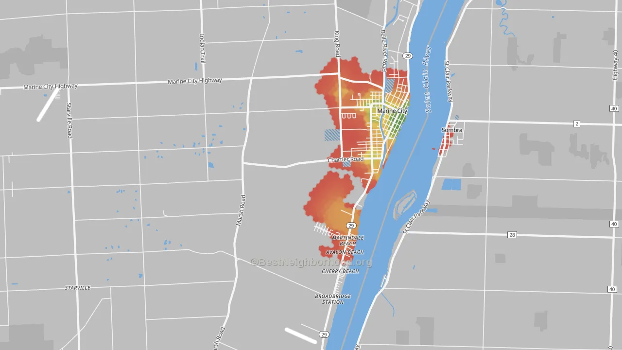 Walk Grade map of Marine City, MI, walkable areas in green and car-dependent areas in red