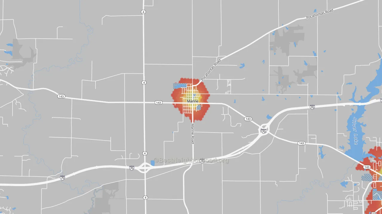 Walk Grade map of Marine, IL, walkable areas in green and car-dependent areas in red