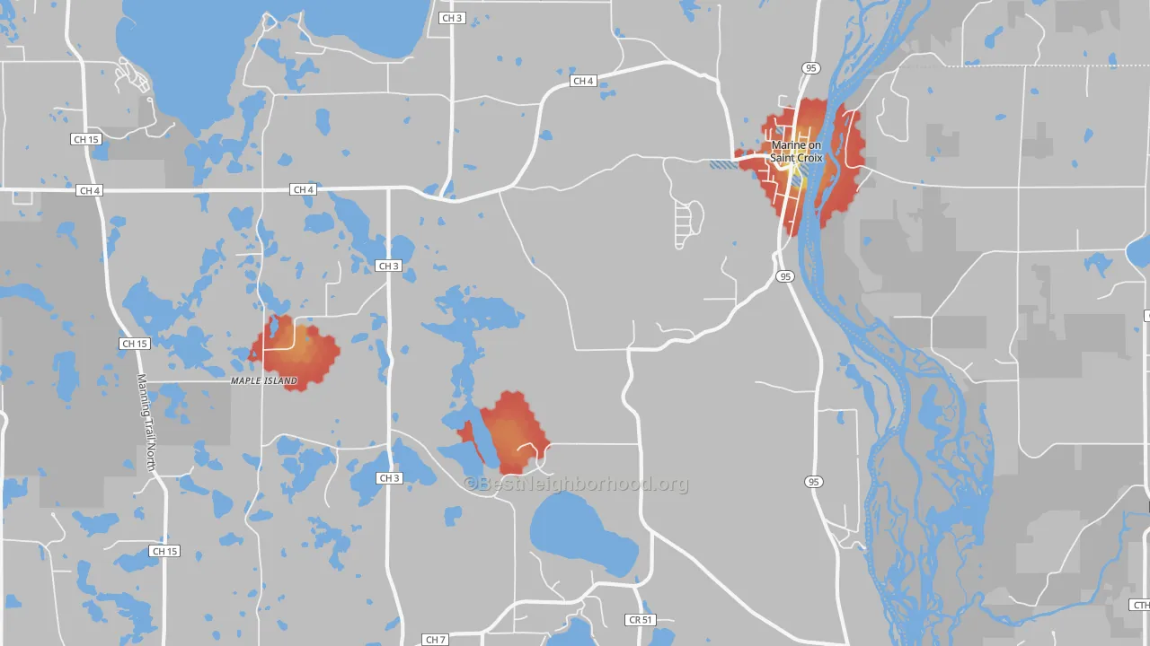Walk Grade map of Marine On St. Croix, MN, walkable areas in green and car-dependent areas in red