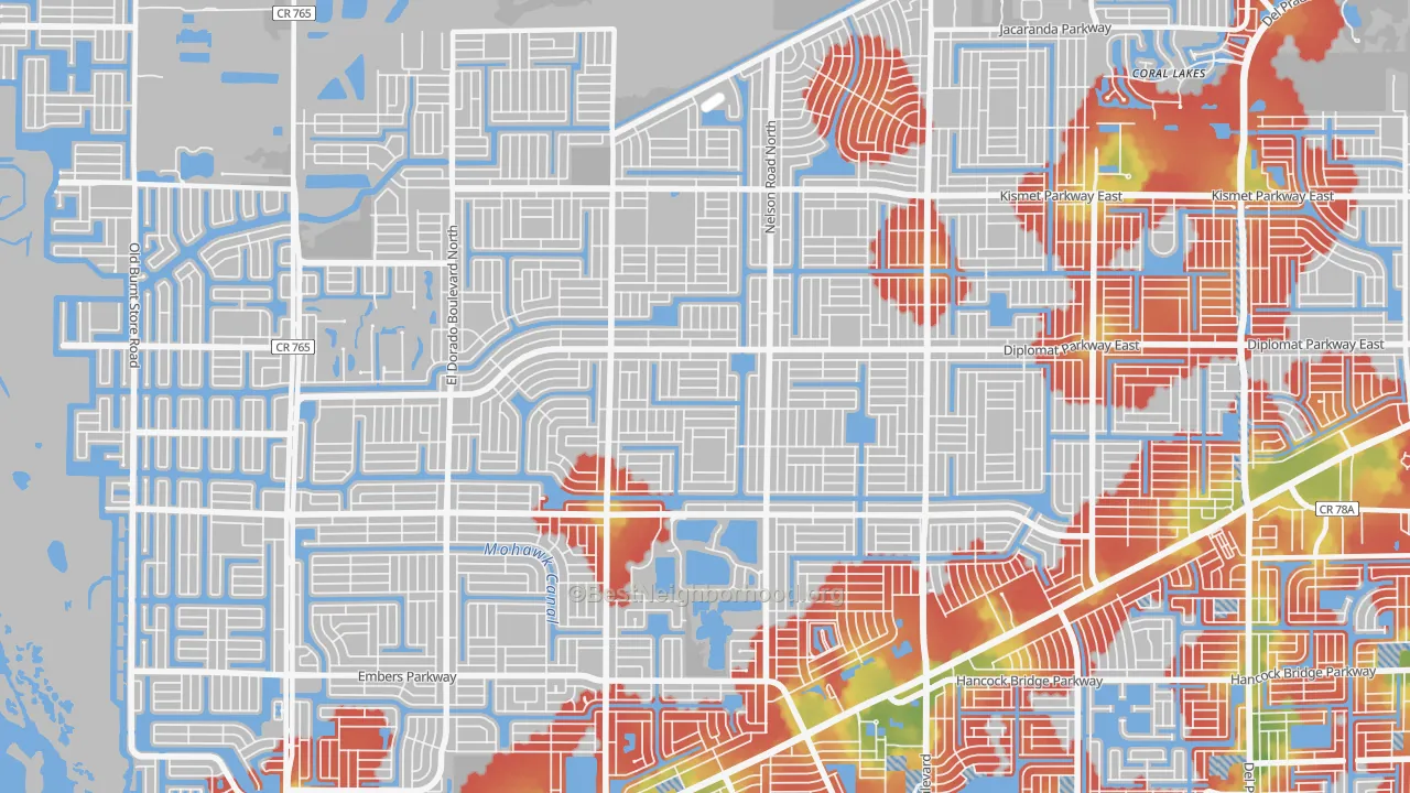 Walk Grade map of Mariner, Cape Coral, FL, walkable areas in green and car-dependent areas in red
