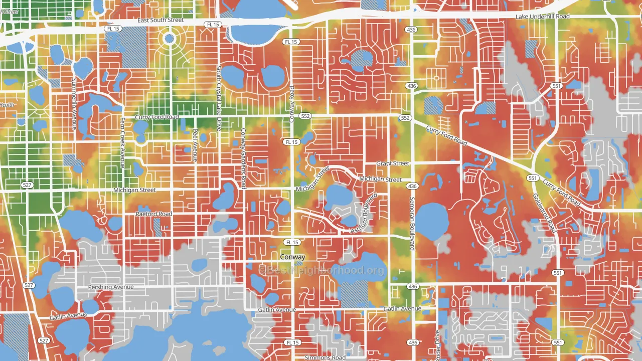 Walk Grade map of Mariners Village, Orlando, FL, walkable areas in green and car-dependent areas in red