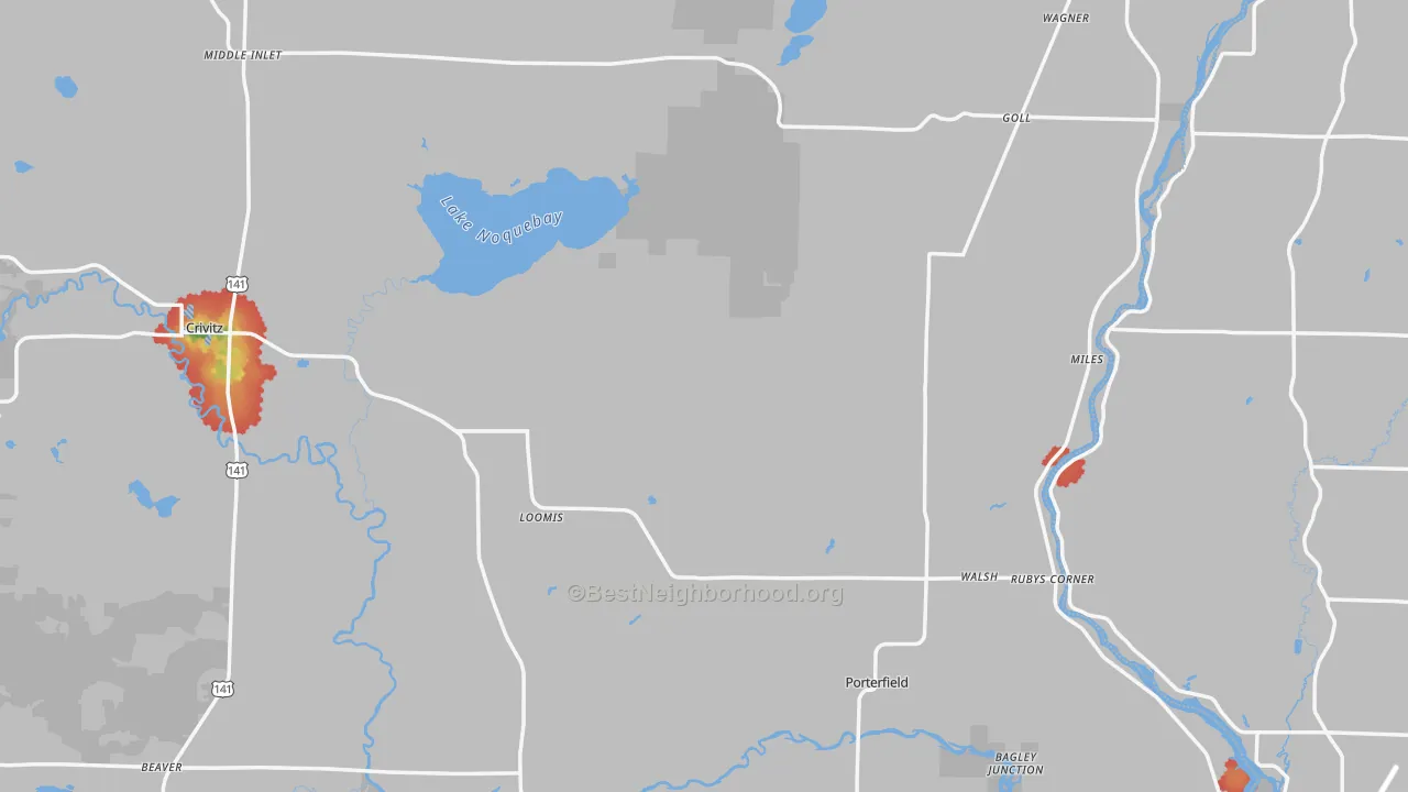 Walk Grade map of Marinette County, WI, walkable areas in green and car-dependent areas in red