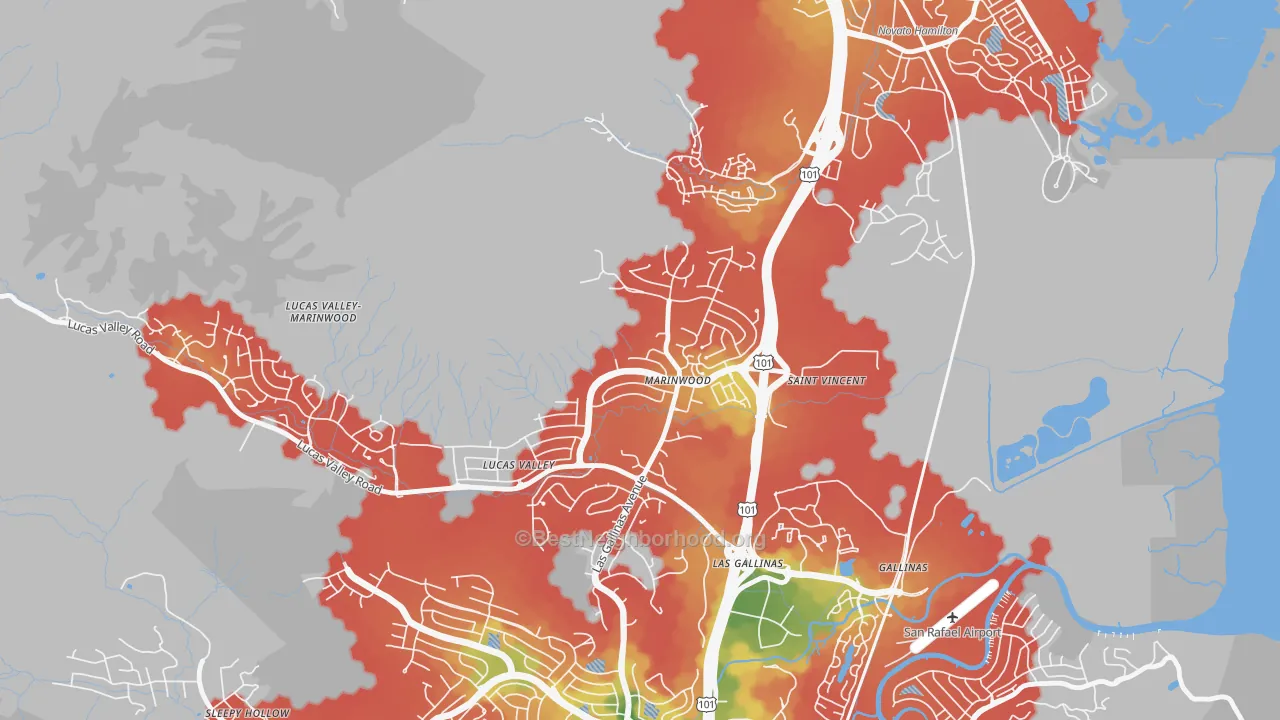 Walk Grade map of Marinwood, San Rafael, CA, walkable areas in green and car-dependent areas in red