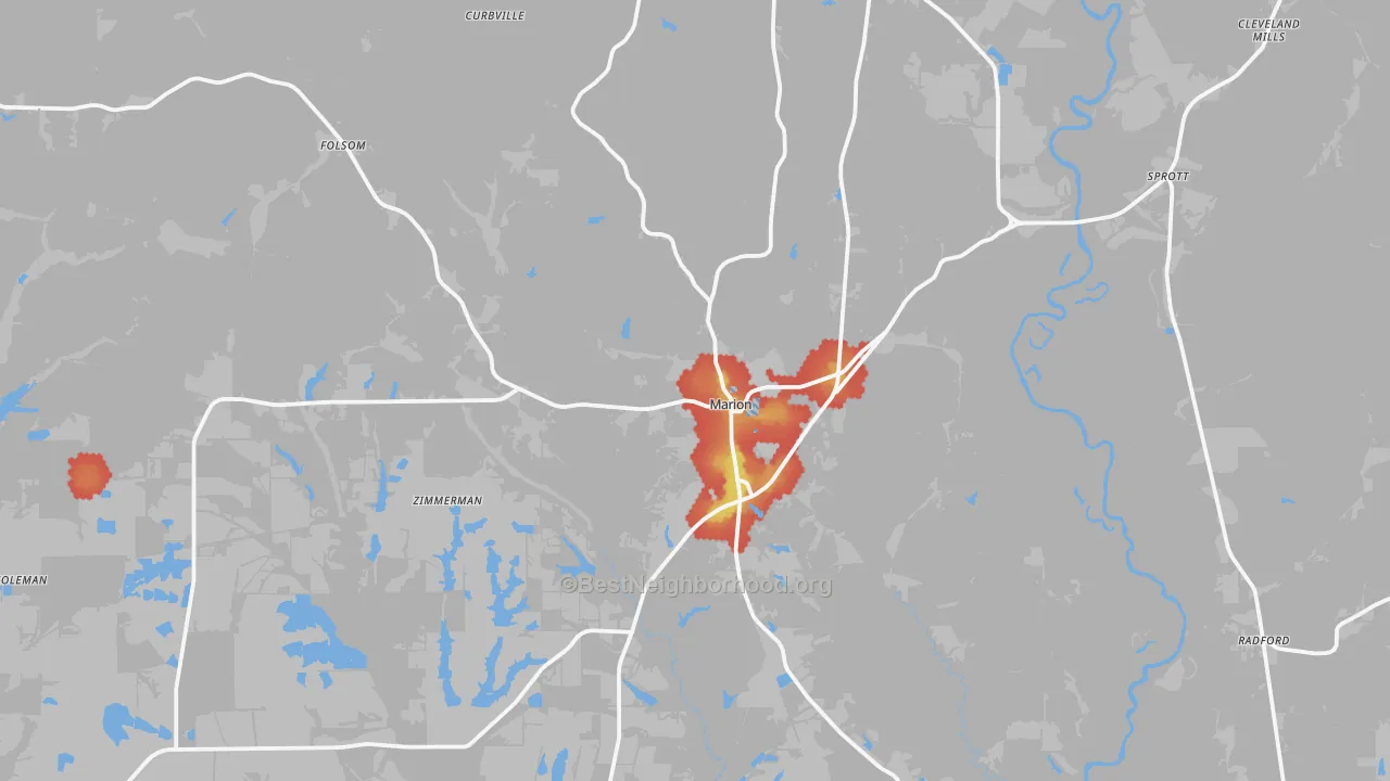 Walk Grade map of Marion, AL, walkable areas in green and car-dependent areas in red