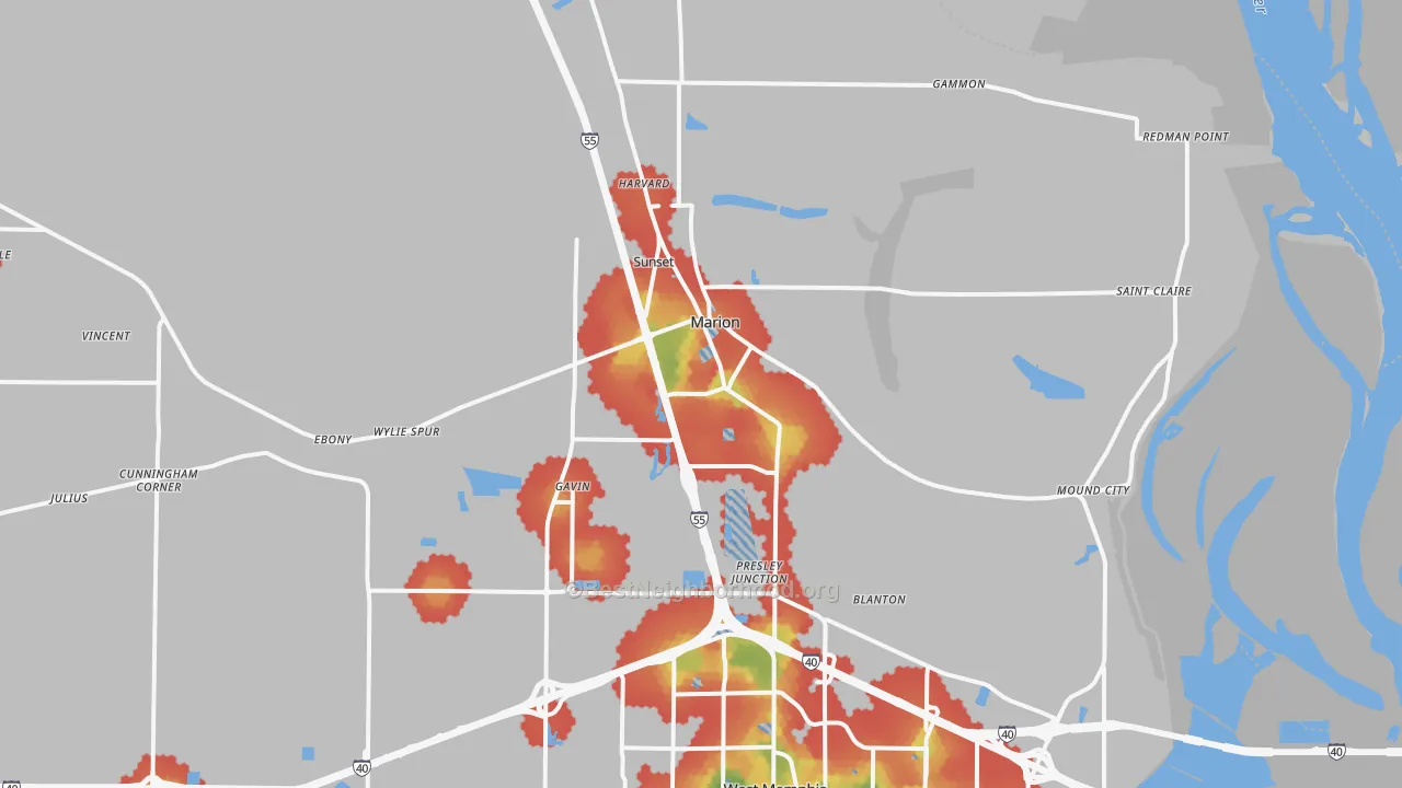 Walk Grade map of Marion, AR, walkable areas in green and car-dependent areas in red