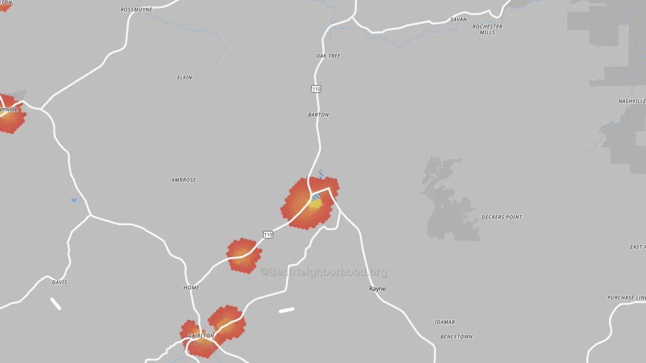 Walk Grade map of Marion Center, PA, walkable areas in green and car-dependent areas in red