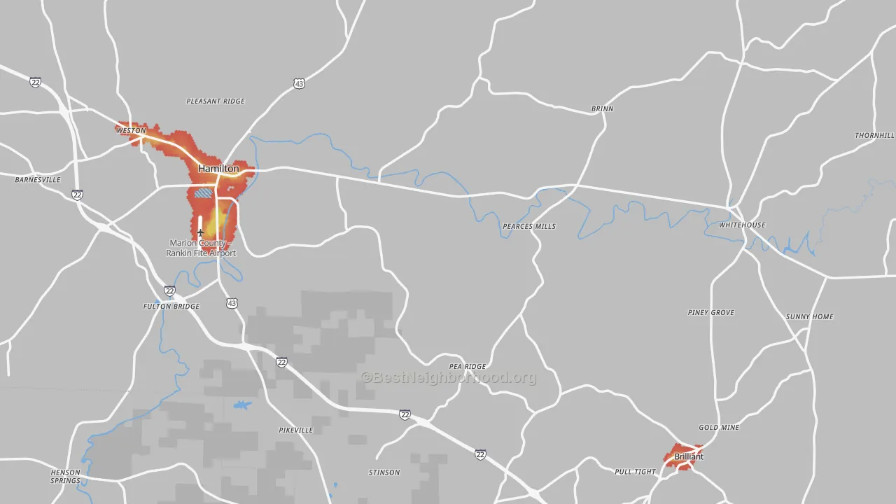 Walk Grade map of Marion County, AL, walkable areas in green and car-dependent areas in red