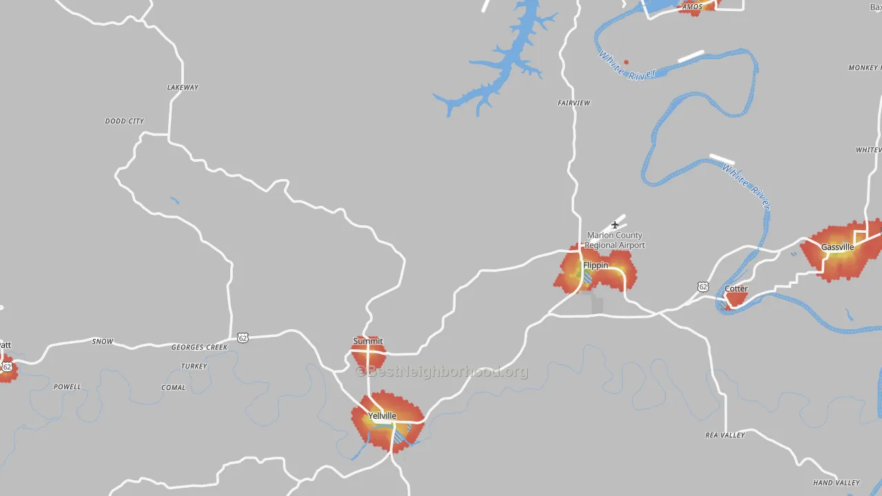 Walk Grade map of Marion County, AR, walkable areas in green and car-dependent areas in red