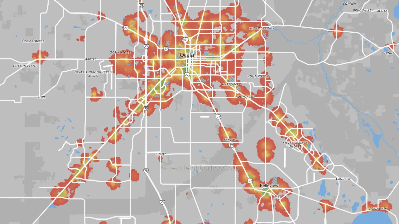Walk Grade map of Marion County, FL, walkable areas in green and car-dependent areas in red
