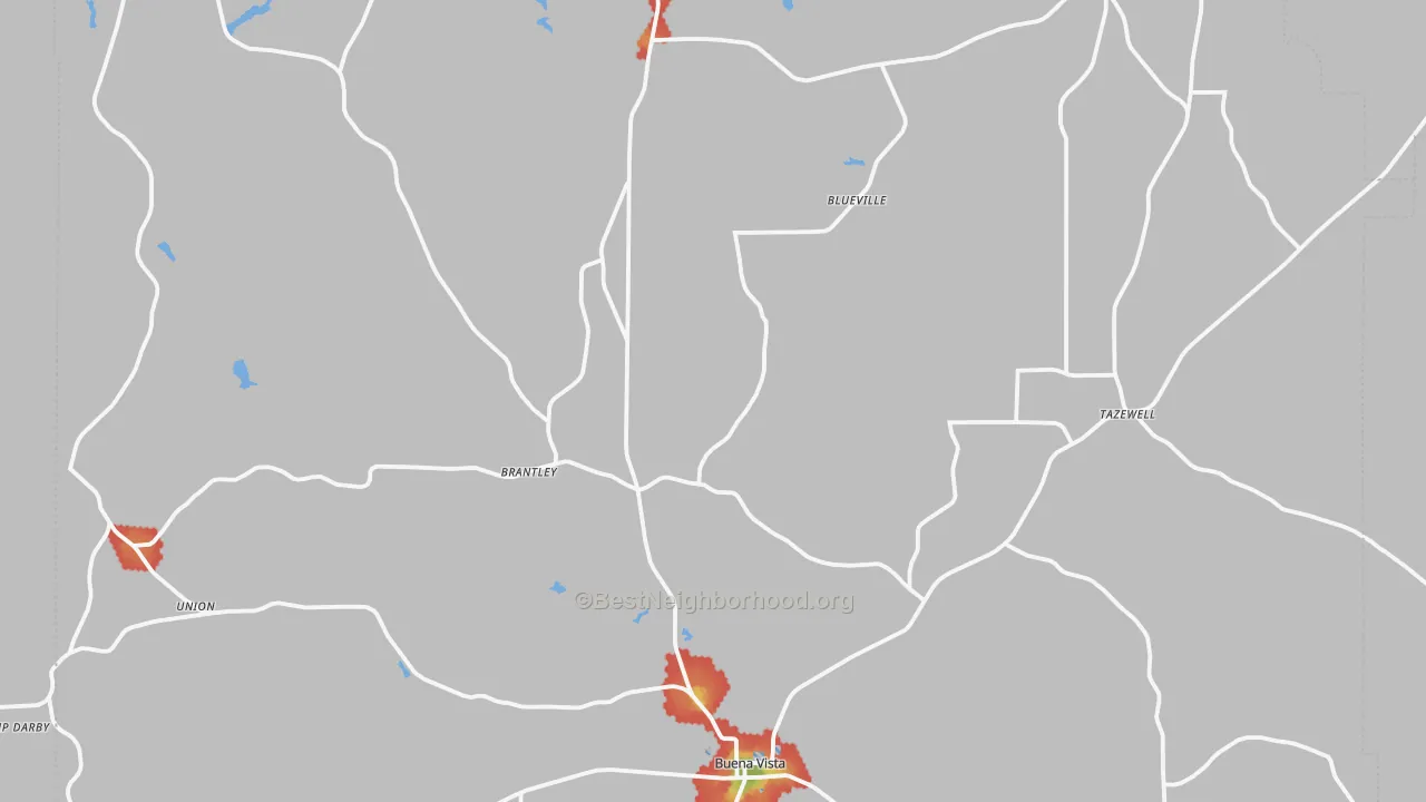 Walk Grade map of Marion County, GA, walkable areas in green and car-dependent areas in red