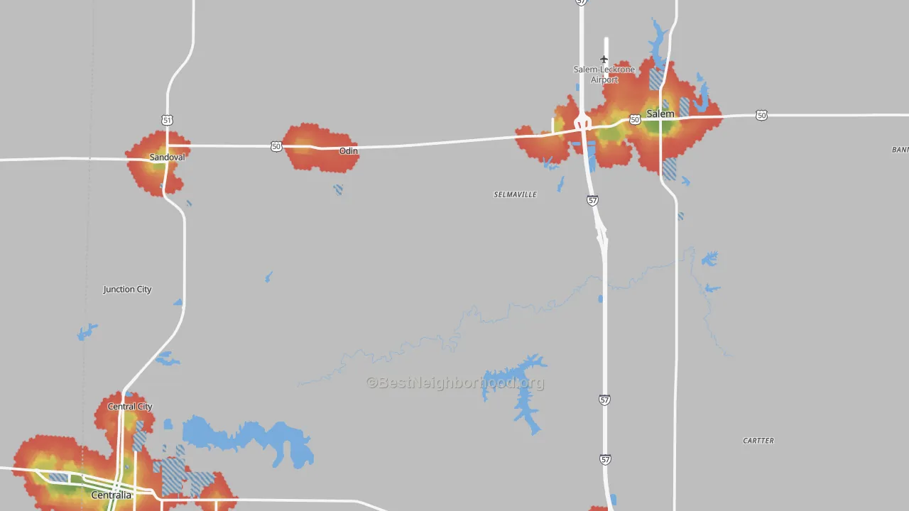 Walk Grade map of Marion County, IL, walkable areas in green and car-dependent areas in red