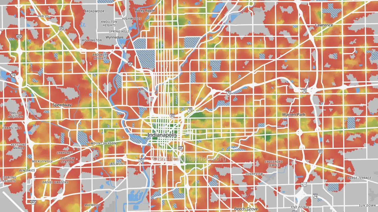 Walk Grade map of Marion County, IN, walkable areas in green and car-dependent areas in red