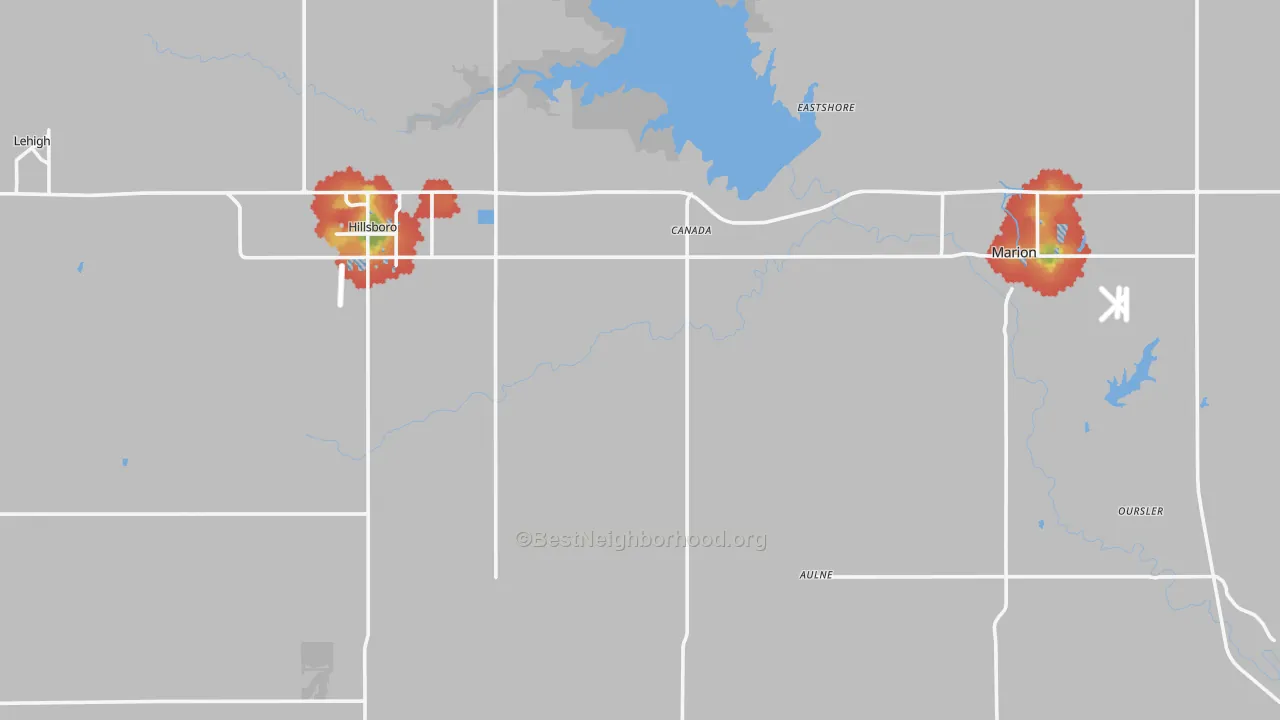 Walk Grade map of Marion County, KS, walkable areas in green and car-dependent areas in red